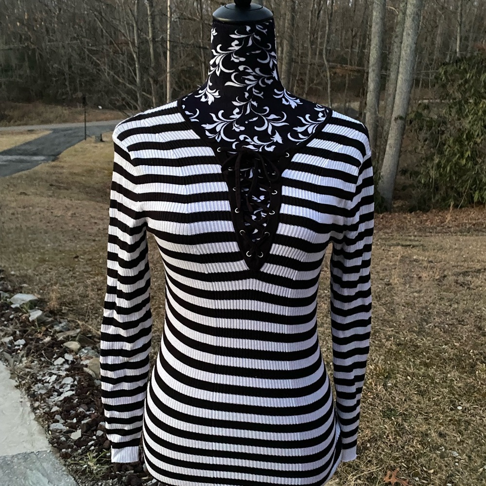 Cato Women's Lace-up Black & White Striped Ribbed Top/Sweater Size Small